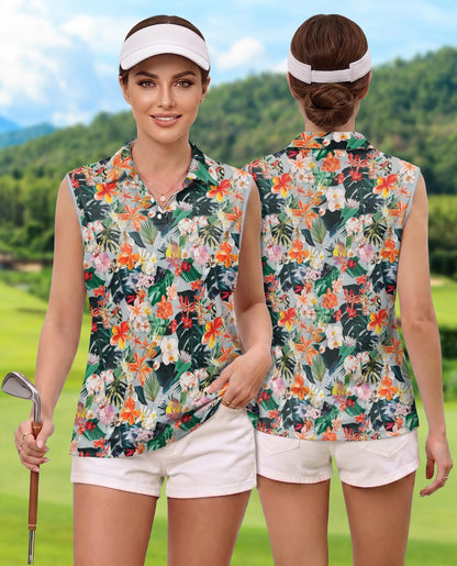 Flower Ephemera Sleeveless Polo Shirt for Women | Netecom
