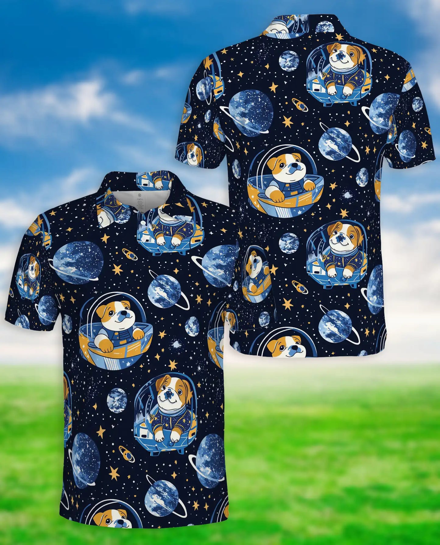Cute Astronaut Dog 3D Polo Shirt for Men – Space Galaxy Cartoon Style | Netecom