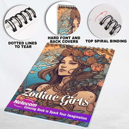 Zodiac Girls Spiral Bound Coloring Book, Embark on a Coloring Adventure with 30 Zodiac Girls Coloring Pages, Celebrating the Beauty and Power of the Zodiac Signs