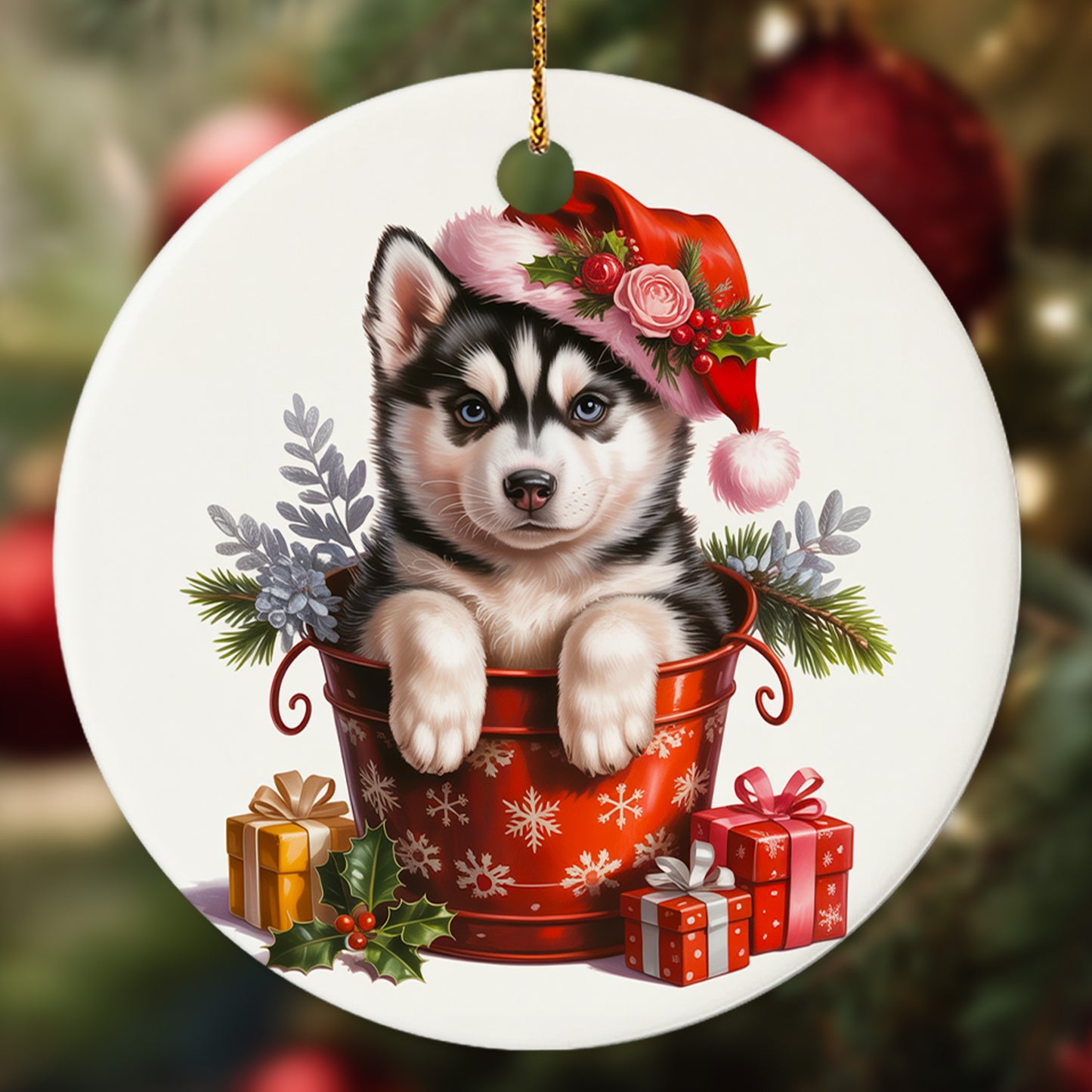 Netecom Cute Husky in Bucket Ornament, Dog with Santa Hat Ceramic Ornament for Christmas Tree Hanging Decorations Gift, Puppy Lover Gifts, Home Decor, Holiday Party Present
