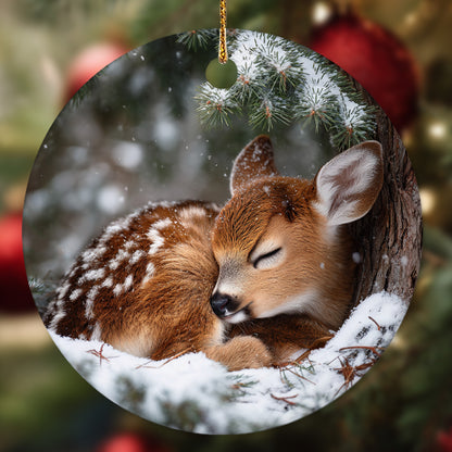 Netecom Cute Reindeer Christmas Ornament, Winter Forest Snowflake Ceramic Ornament for Xmas Tree Hanging Decorations Gift, Reindeer Lover Gifts, Holiday Party Present