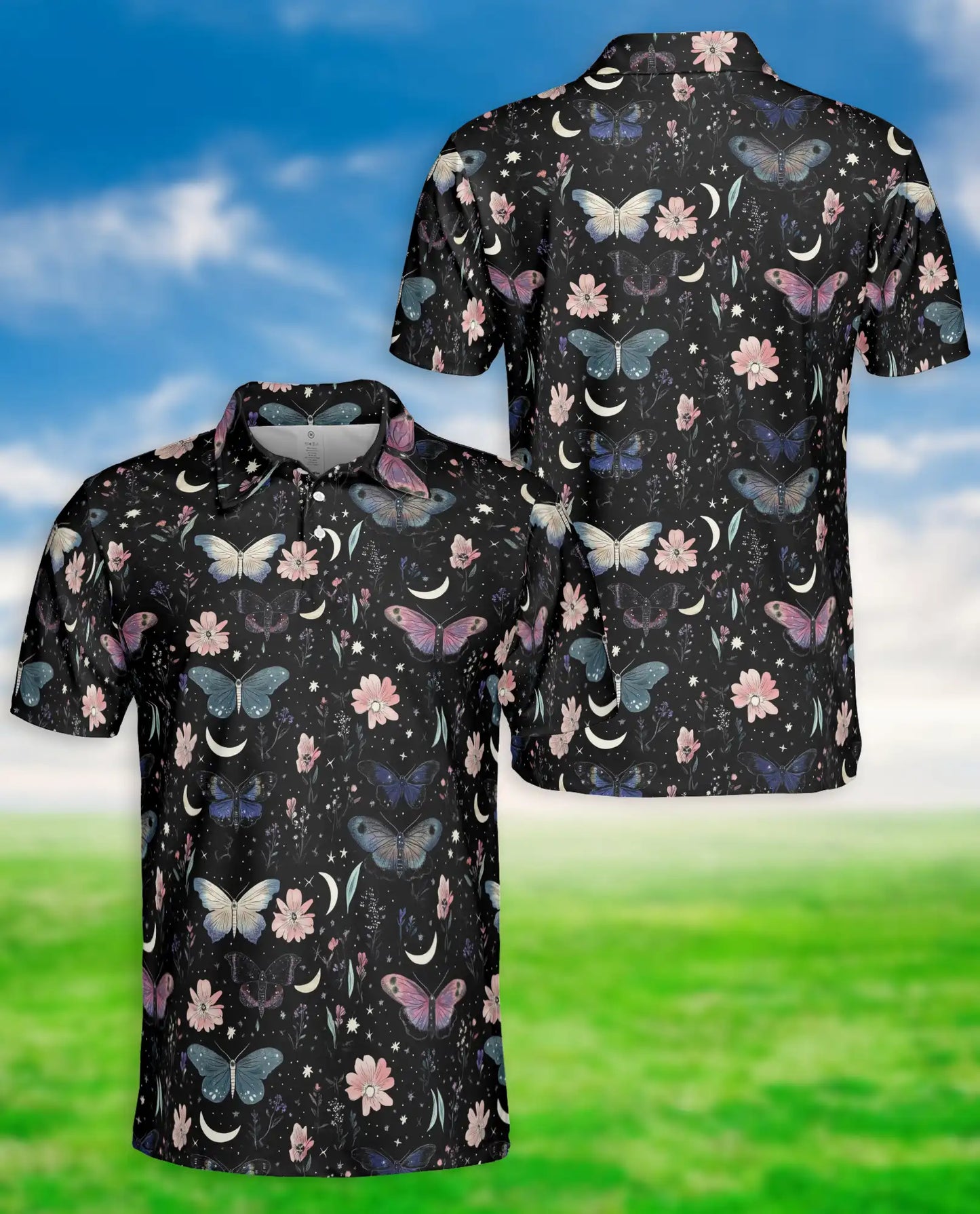 Butterfly Night Sky Polo Shirt – Moon & Floral Style | Netecom