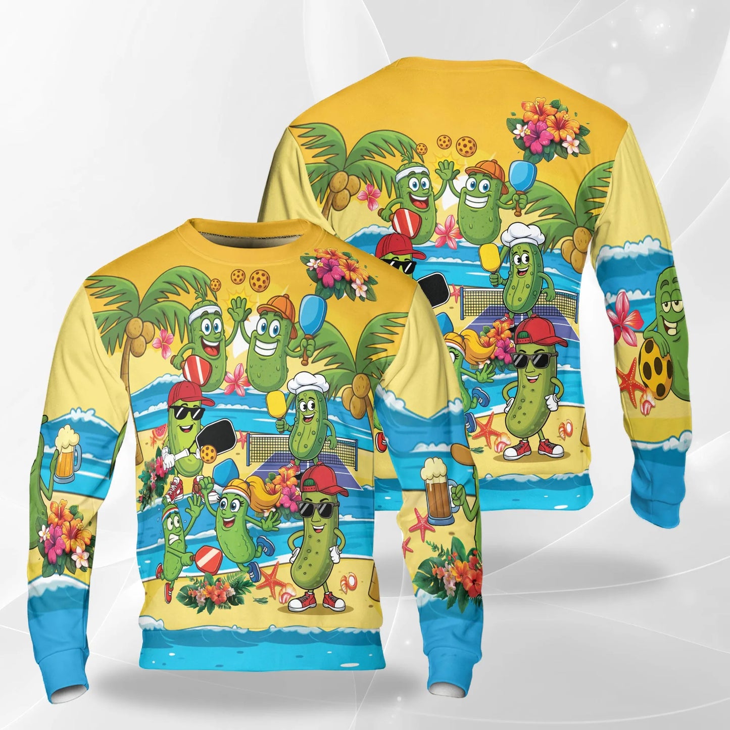 Pickleball Cartoons on the Beach Sweatshirt, 3D All Over Print Funny Pickleball Sports Crewneck Pullover for Men Women, Pickleball Lover Gift - Netecom