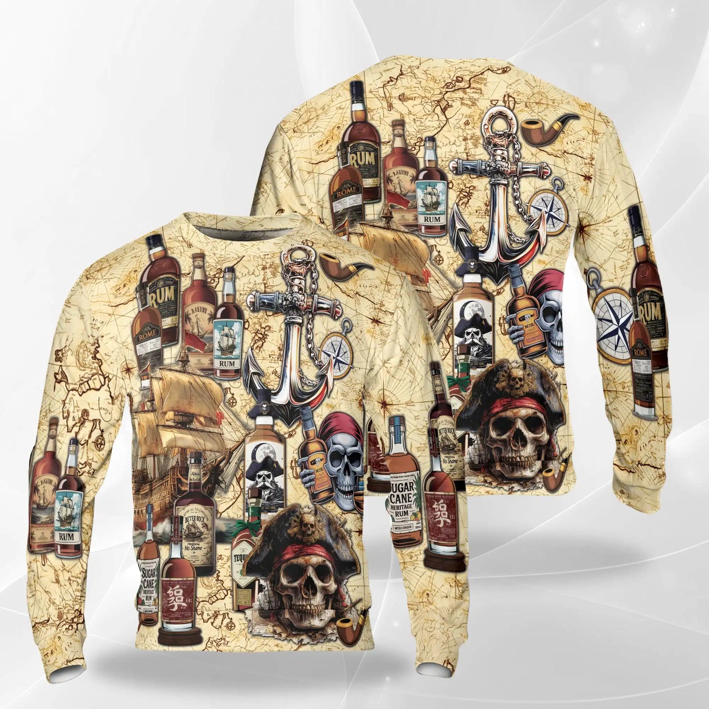 Vintage Pirate Rum Pattern Sweatshirt, 3D All Over Print Nautical Skull Crewneck Pullover for Men Women, Pirate Lover Gift - Netecom
