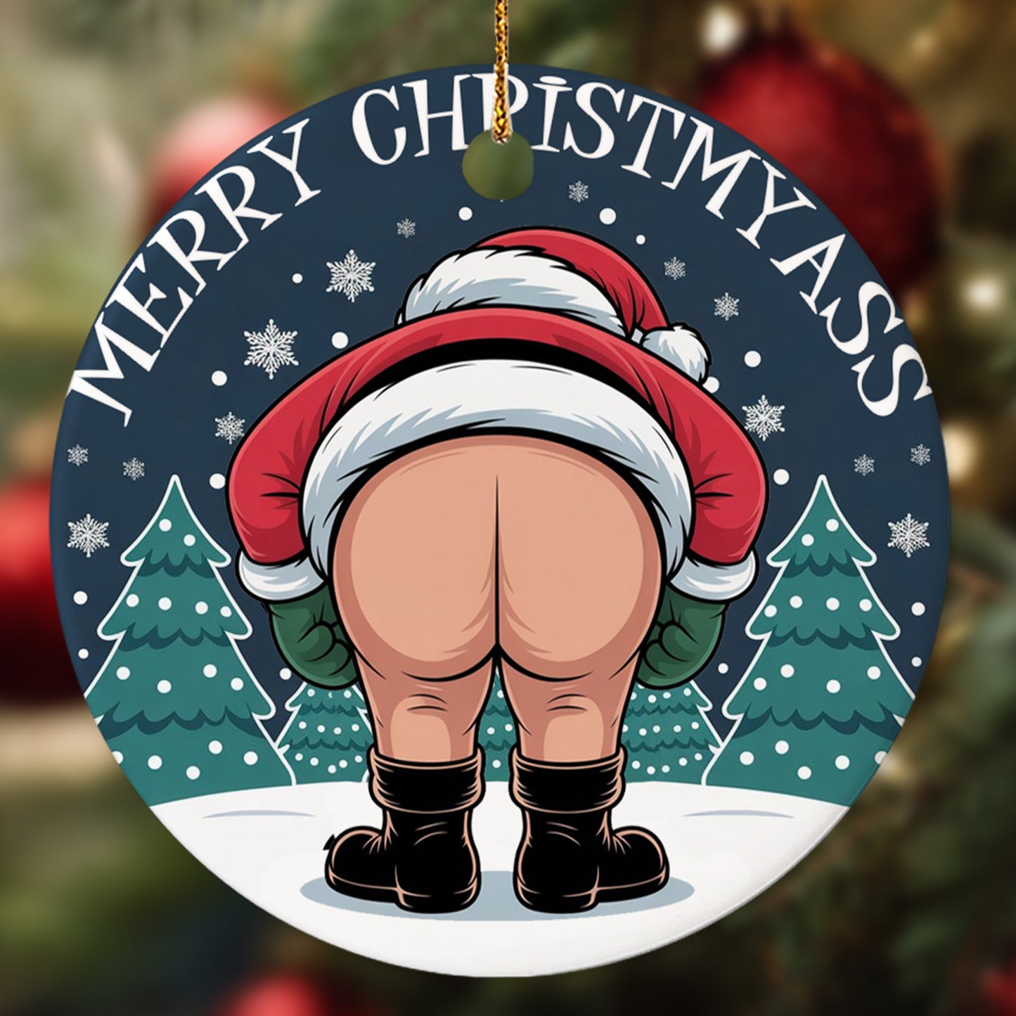 Netecom Funny Santa Ornaments, Merry Christ My Ass Ceramic Ornament for Christmas Tree Hanging Decorations Gift, Funny Gag Gifts for Men Women, Holiday Party Present
