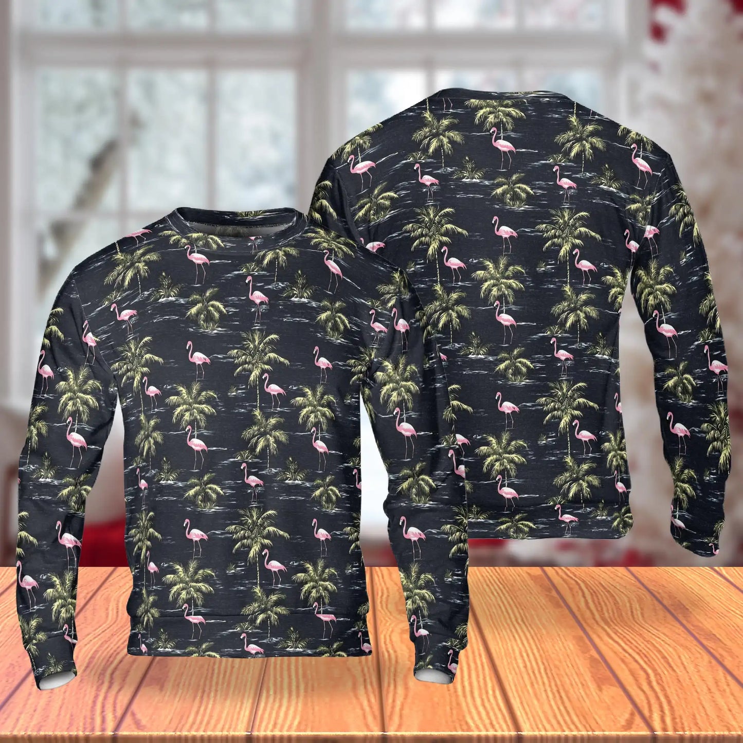 Flamingo Island Navy Sweatshirt, 3D All Over Print Tropical Beach Crewneck Pullover for Men Women, Flamingo Lover Gift - Netecom