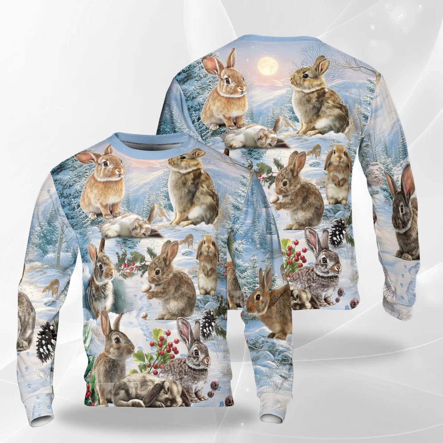 Rabbits in Snow Sweatshirt, 3D All Over Print Winter Woodland Crewneck Pullover for Men Women, Rabbit Lover Gift - Netecom