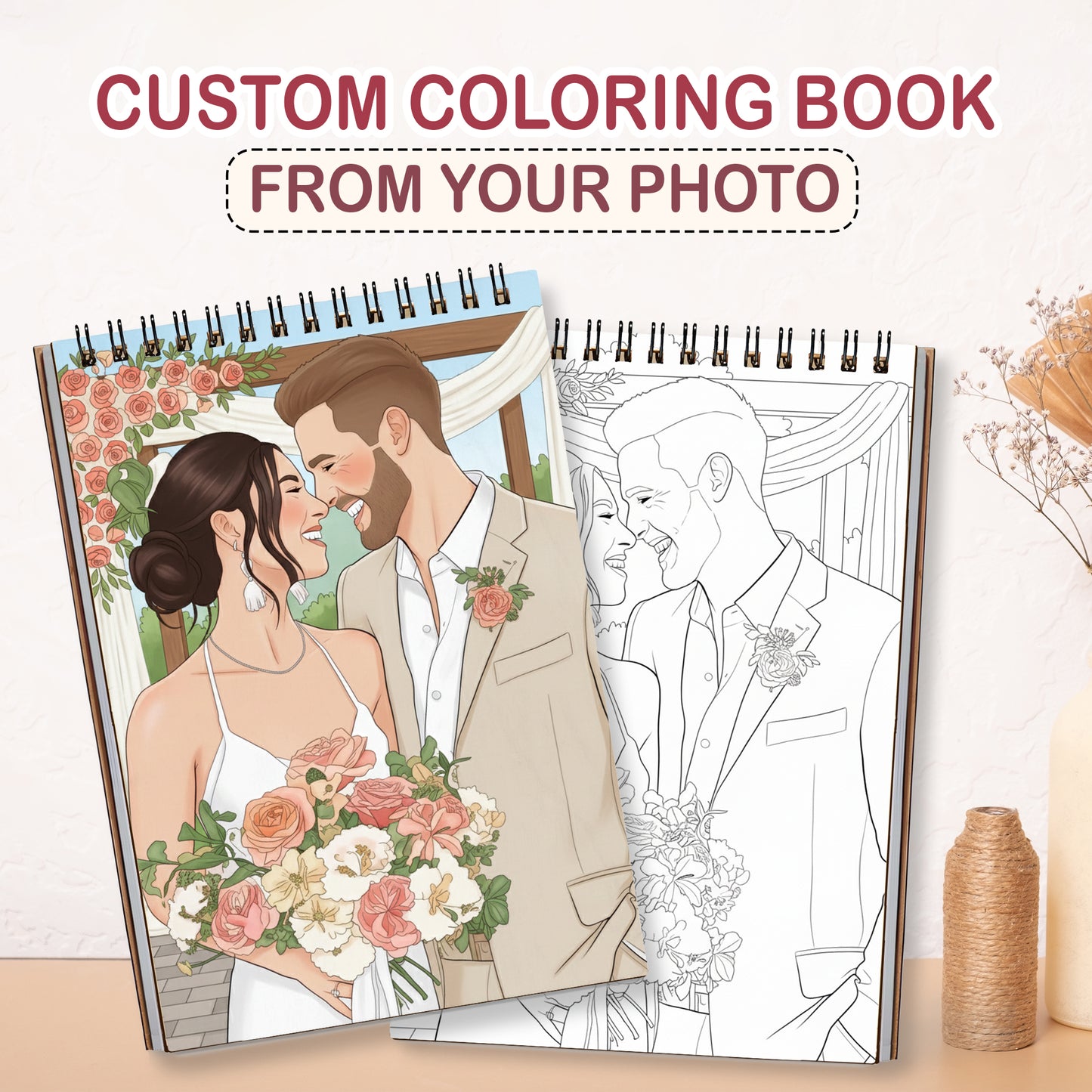 Personalized Wedding Memory Coloring Book for Adults – Custom Coloring Pages from Your Wedding Photos , 12–48 Pages, Memory Keepsake Gift, Premium Wooden Cover, Spiral Binding