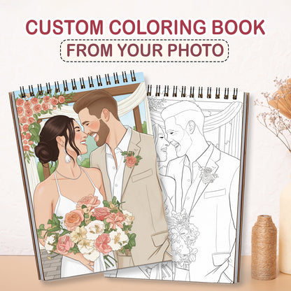 Personalized Wedding Memory Coloring Book for Adults – Custom Coloring Pages from Your Wedding Photos , 12–48 Pages, Memory Keepsake Gift, Premium Wooden Cover, Spiral Binding