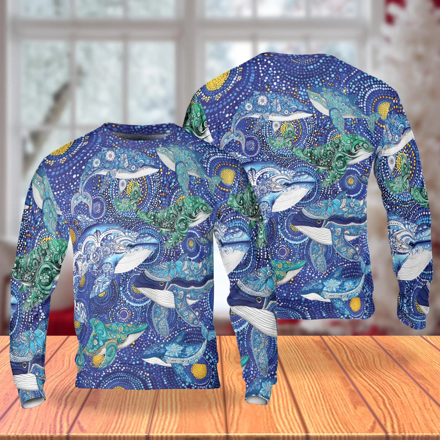 Aboriginal Dot Art Whale Sweatshirt, 3D All Over Print Indigenous Ocean Art Crewneck Pullover for Men Women, Whale Lover Gift - Netecom
