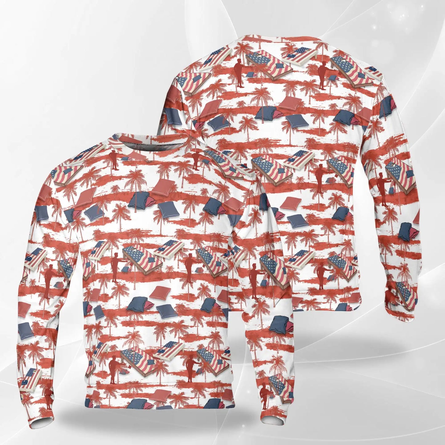 Cornhole Palm Tree Sweatshirt, 3D All Over Print Red Tropical Cornhole Crewneck Pullover for Men Women, Cornhole Player Gift - Netecom