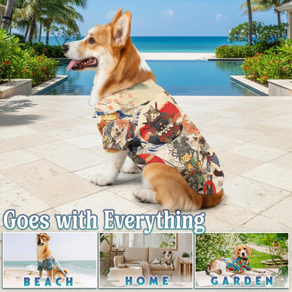 Netecom Matching Japanese Samurai Cat Hawaiian Shirt for Dog and Owner, Aloha Summer Shirt, Samurai Cat Print Outfit for Pet and Human, Beach Vacation Casual Wear