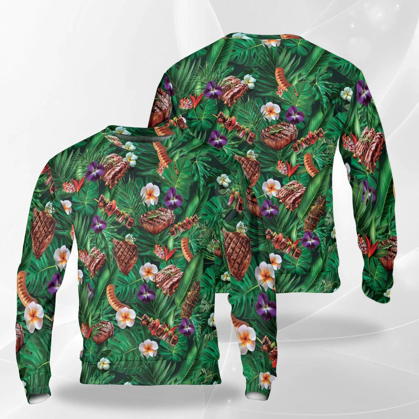 BBQ Lovers Sweatshirt, 3D All Over Print Green Floral Barbecue Crewneck Pullover for Men Women, BBQ Lover Gift - Netecom