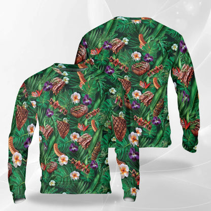 BBQ Lovers Sweatshirt, 3D All Over Print Green Floral Barbecue Crewneck Pullover for Men Women, BBQ Lover Gift - Netecom