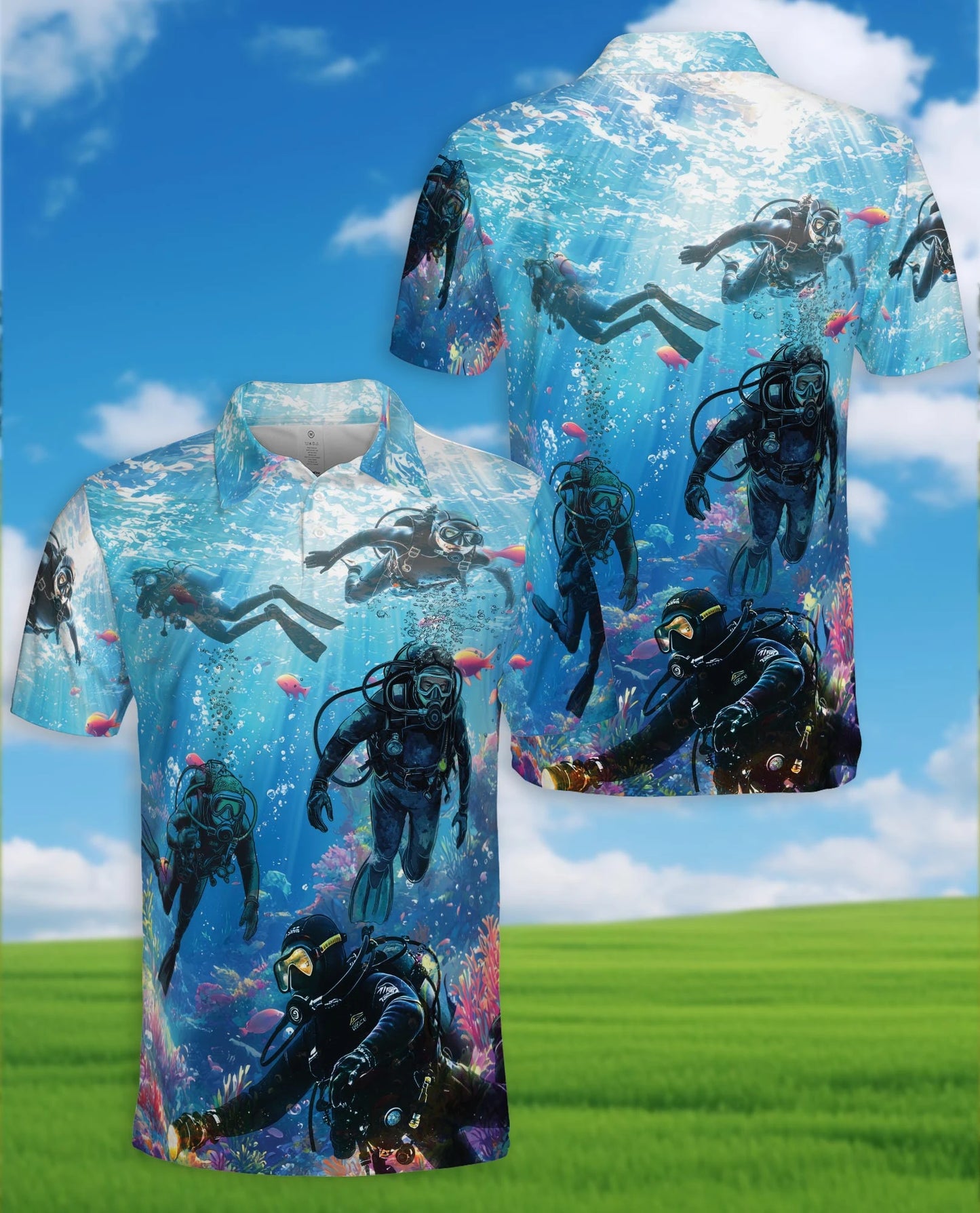 Blue Scuba Diving Coral Reef Polo Shirt for Men – Ocean Adventure Style | Netecom