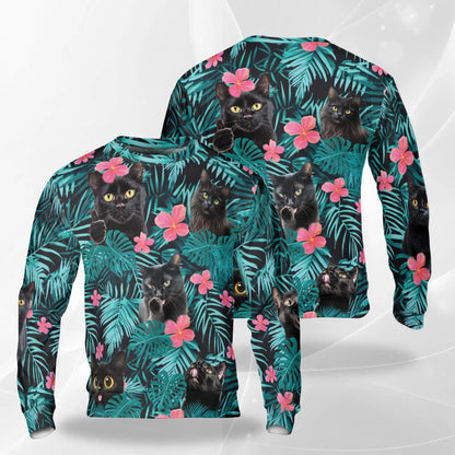 Cute Black Cat Tropical Sweatshirt, 3D All Over Print Beach Cat Crewneck Pullover for Men Women, Black Cat Lover Gift - Netecom