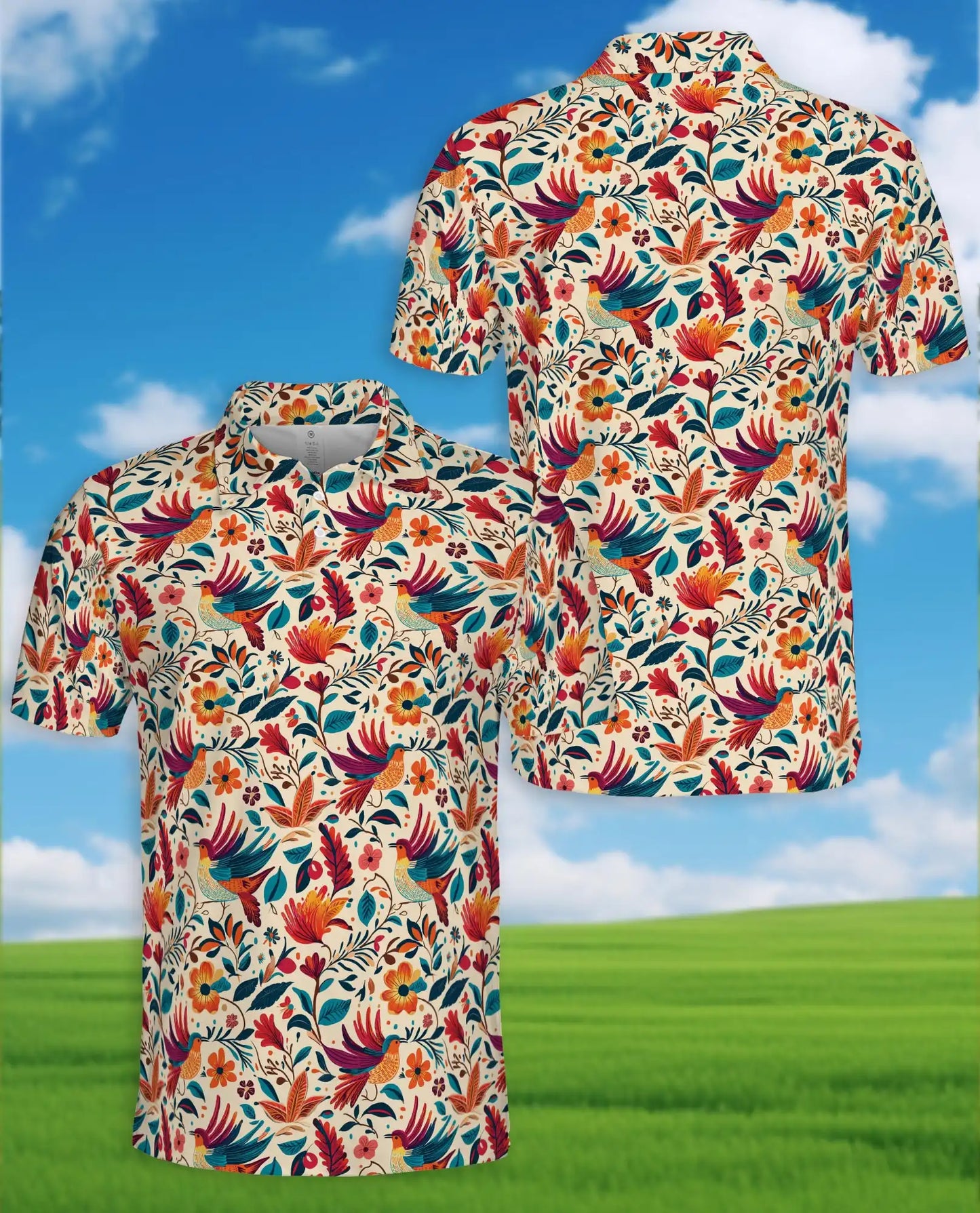 Colorful Tropical Bird Polo Shirt - Floral Folk Art Nature Pattern | Netecom