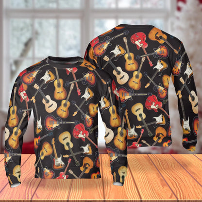 Guitar Pattern Sweatshirt, 3D All Over Print Musical Instrument Crewneck Pullover for Men Women, Guitar Lover Gift - Netecom