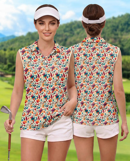 Vintage Chintz Bird Floral Sleeveless Polo Shirt for Women | Netecom