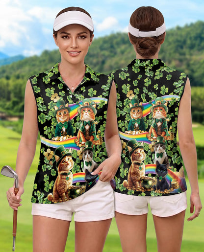 Saint Patrick's Day Cats Shamrocks Sleeveless Polo Shirt for Women | Netecom