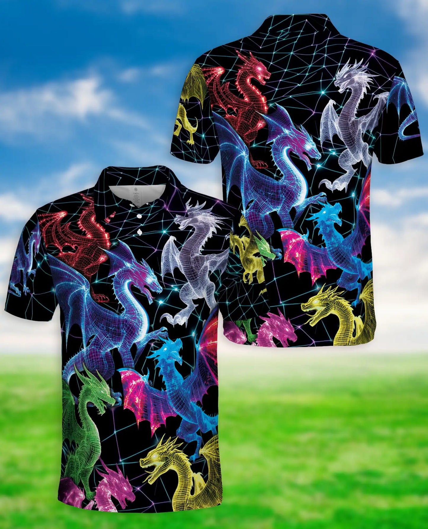 Neon Cyber Dragon 3D Polo Shirt for Men – Futuristic Fantasy Creature Style | Netecom