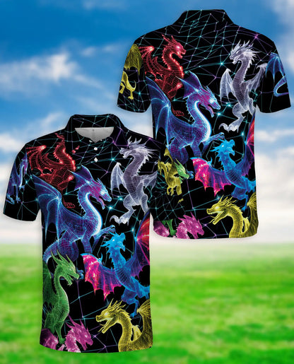 Neon Cyber Dragon 3D Polo Shirt for Men – Futuristic Fantasy Creature Style | Netecom