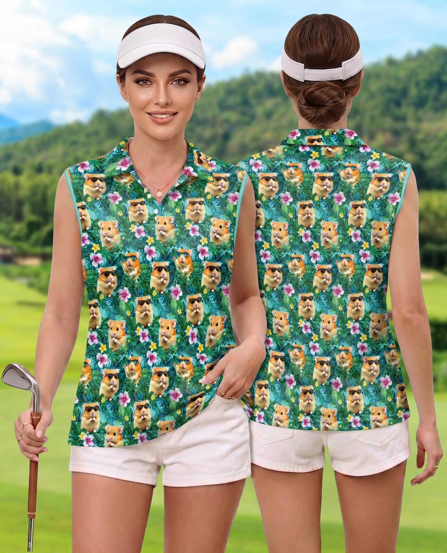 Hamster Tropical Sleeveless Polo Shirt for Women | Netecom