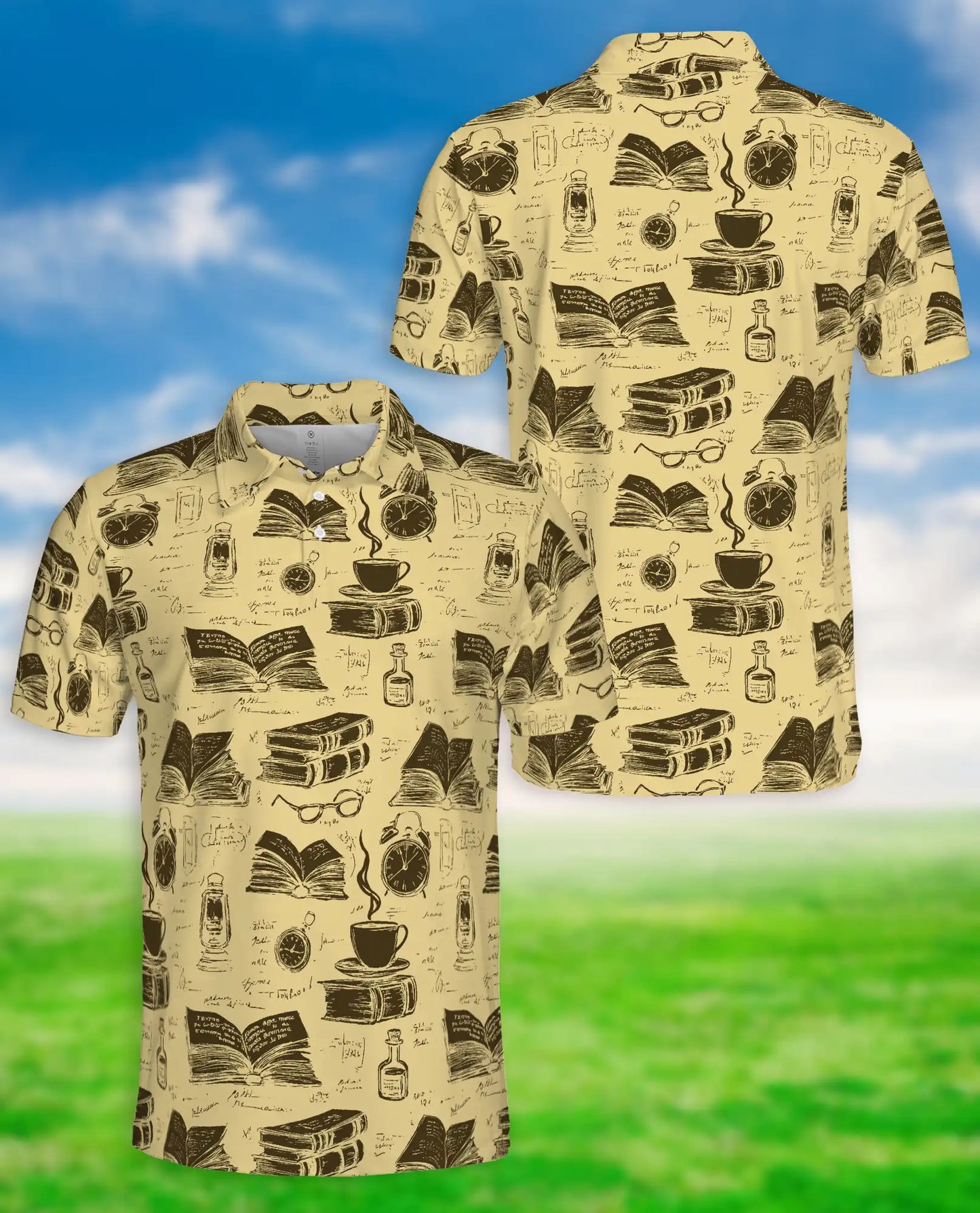 Vintage Library 3D Polo Shirt for Men – Retro Book Lover Academic Style | Netecom