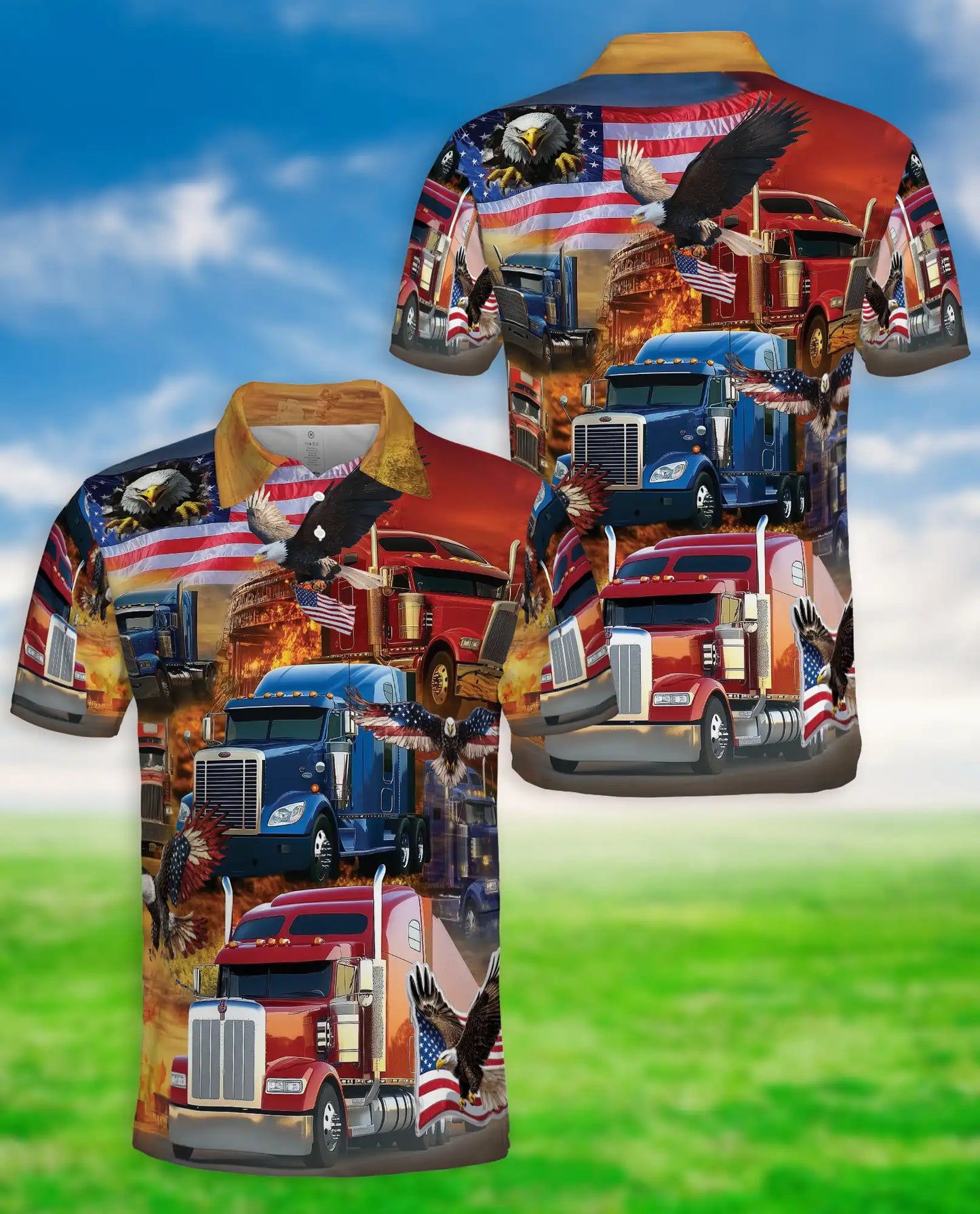 American Truck 3D Polo Shirt for Men – Patriotic Eagle Trucker Style | Netecom