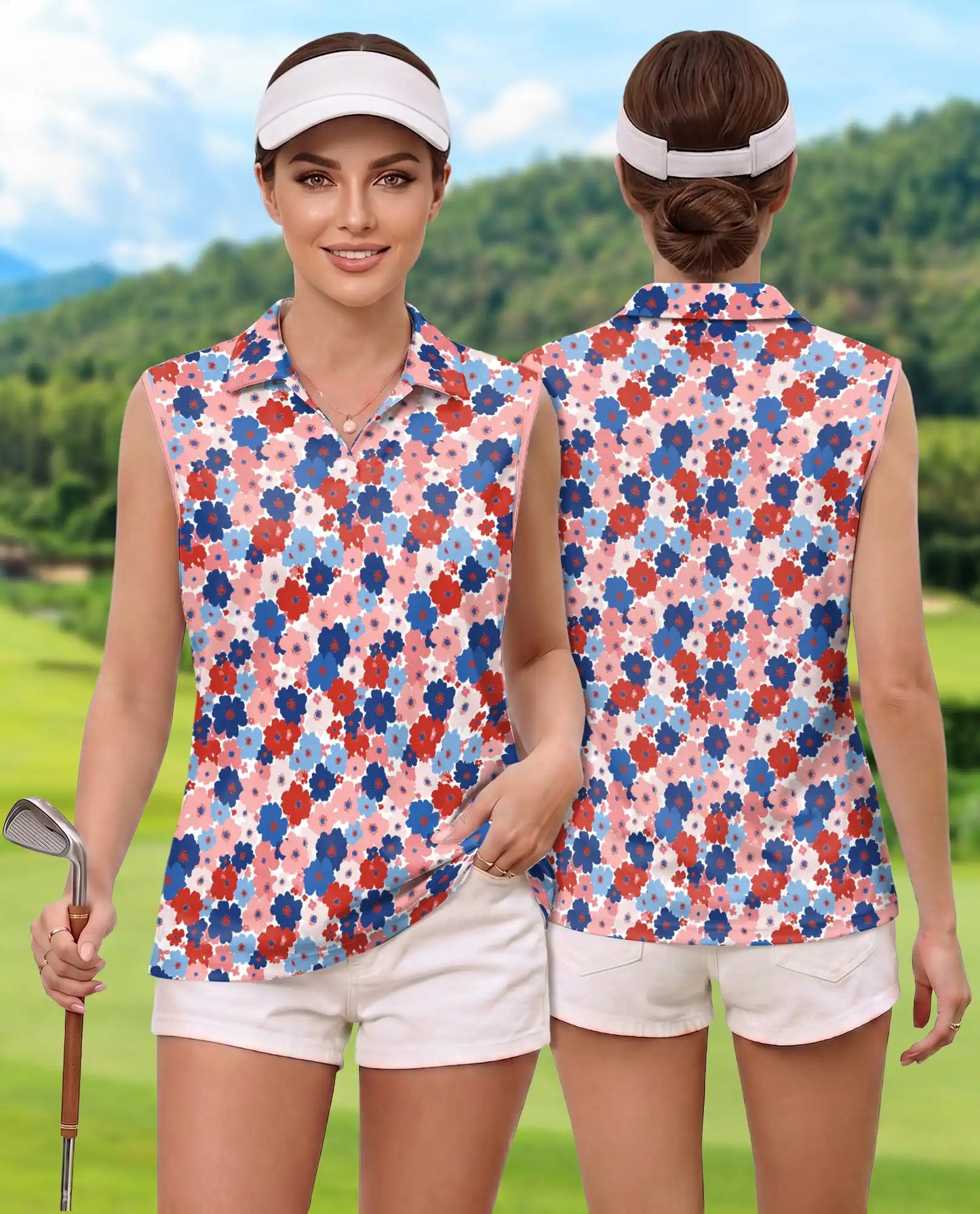 Red And Blue Floral Sleeveless Polo Shirt for Women | Netecom