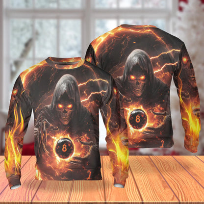 Grim Reaper Fire Sweatshirt, 3D All Over Print Dark Fantasy Flame Crewneck Pullover for Men Women, Gothic Halloween Gift - Netecom