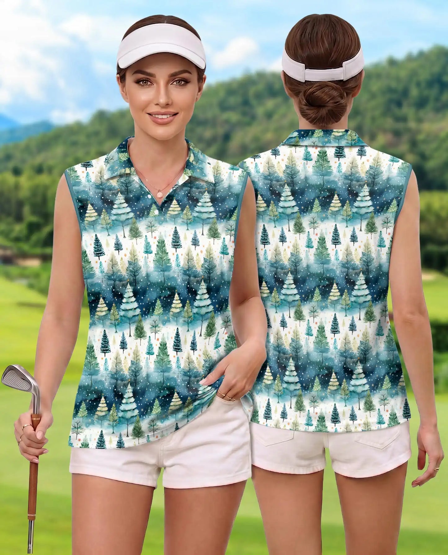 Christmas Tree Sleeveless Polo Shirt for Women – Festive Holiday Style | Netecom
