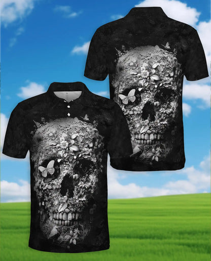 Floral Skull Gothic Polo Shirt, Dark Botanical Style | Netecom