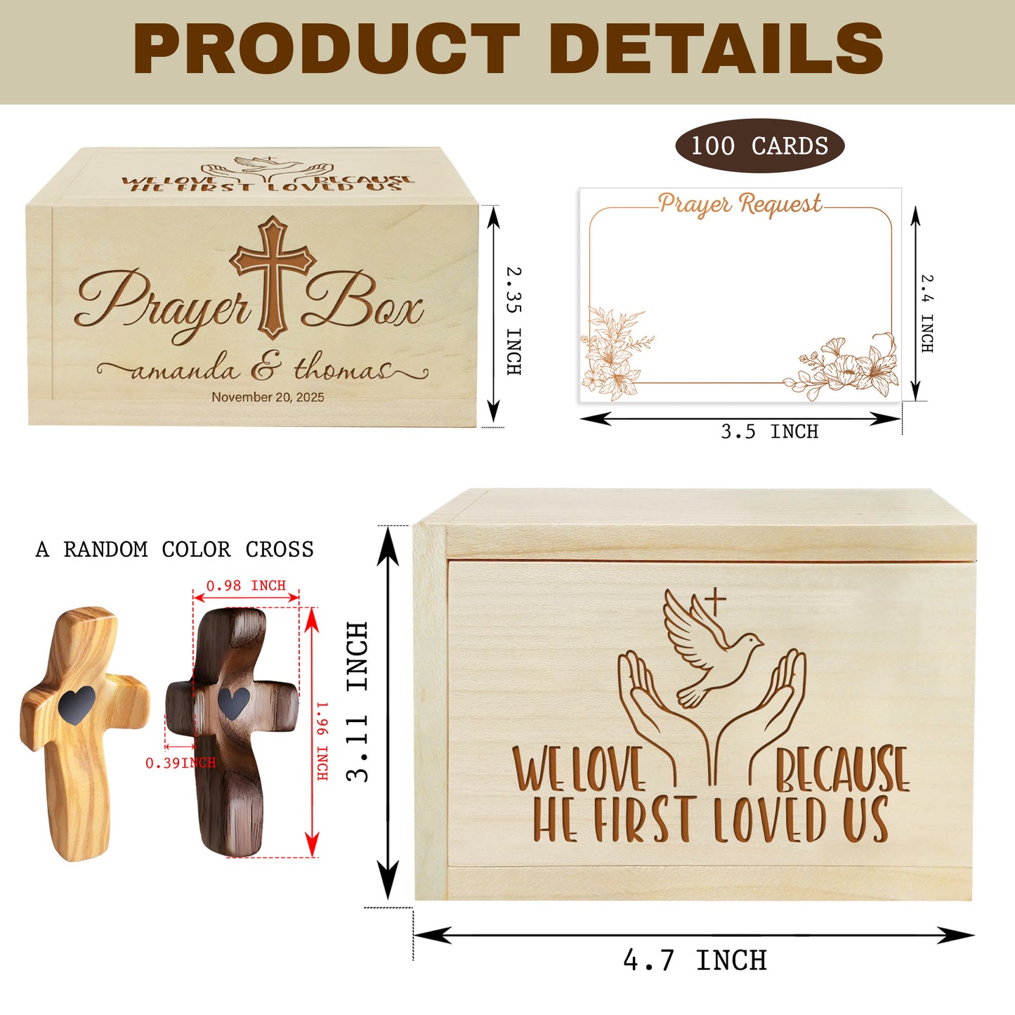Netecom Couple Prayer Box Gift for Valentine’s Day with 100 Prayer Request Cards & Wooden Cross – Personalized Christian Keepsake with Custom Names and Date