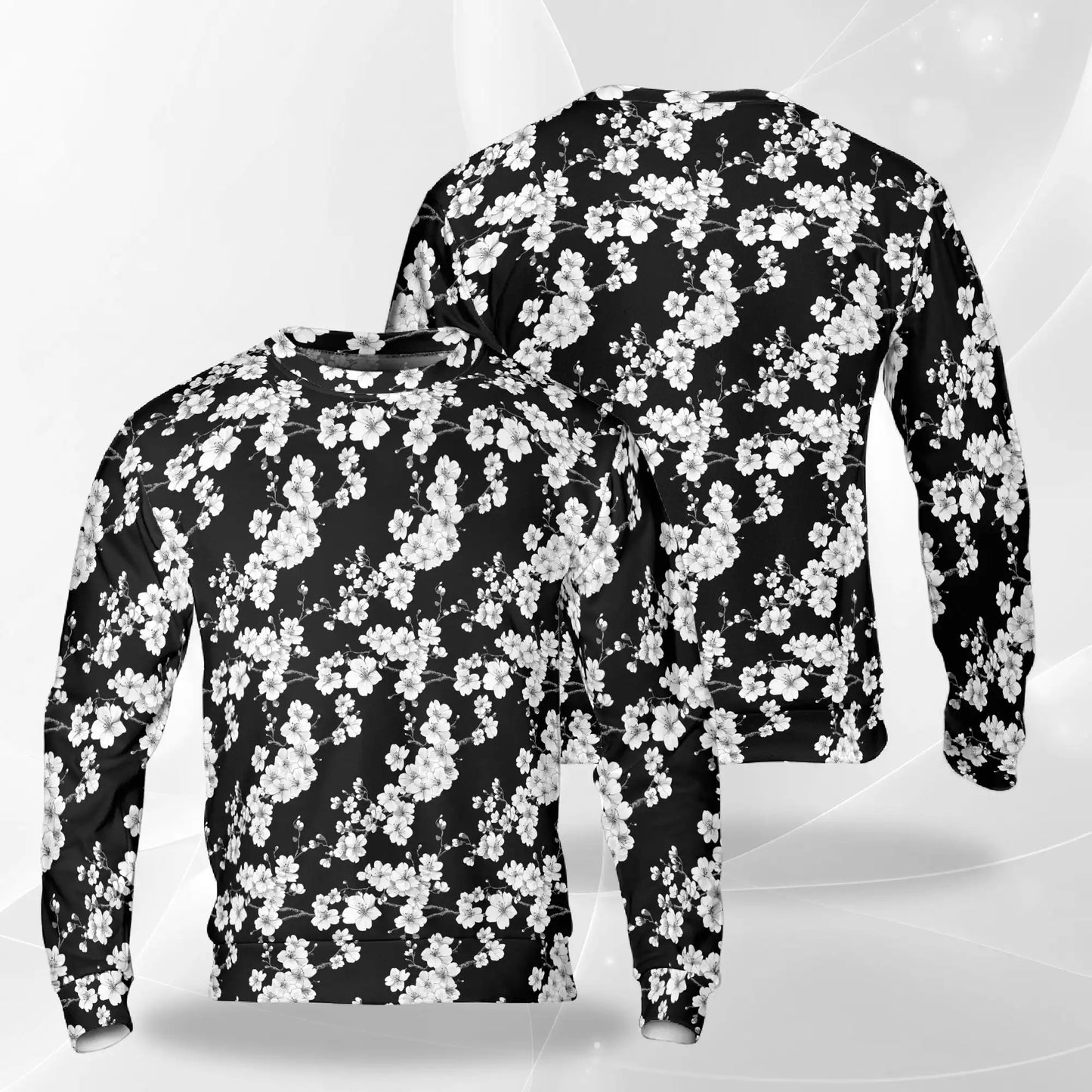 Japanese Floral Sweatshirt, 3D All Over Print Monochrome Flower Crewneck Pullover for Men Women, Japanese Art Lover Gift - Netecom