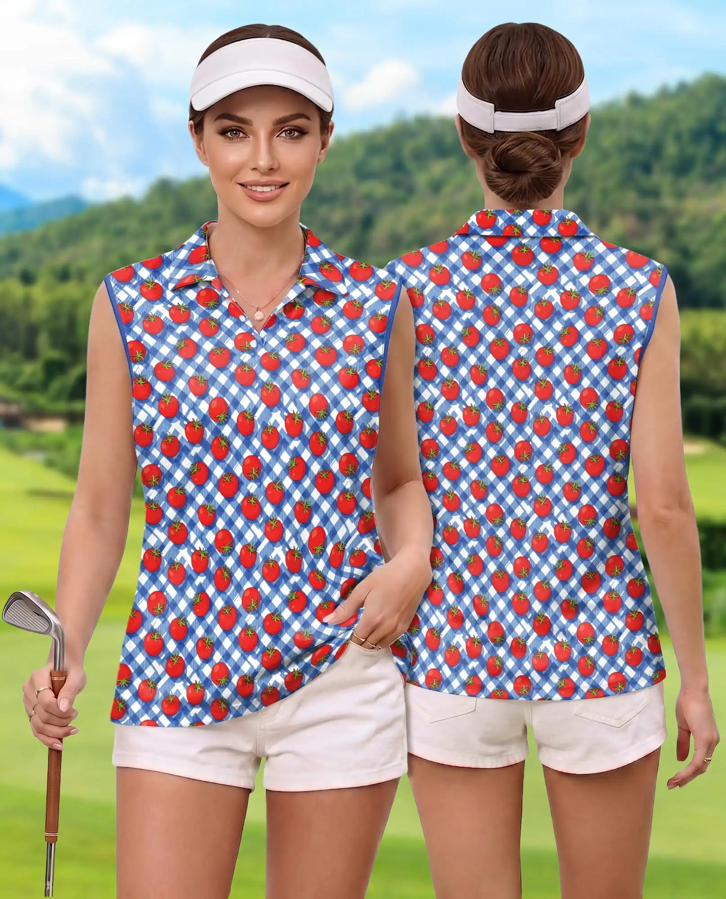 Tomato Gingham Pattern Sleeveless Polo Shirt for Women | Netecom