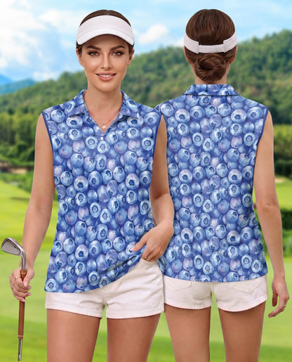 Blueberry Pattern Sleeveless Polo Shirt for Women – Fresh Fruit Summer Style | Netecom