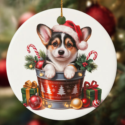 Netecom Cute Corgi in Bucket Ornament, Dog with Santa Hat Ceramic Ornament for Christmas Tree Hanging Decorations Gift, Puppy Lover Gifts, Home Decor, Holiday Party Present