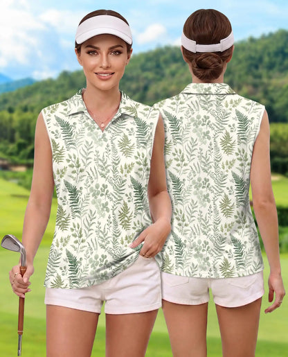 Fern Leaf Pattern Sleeveless Polo Shirt for Women – Botanical Nature Style | Netecom