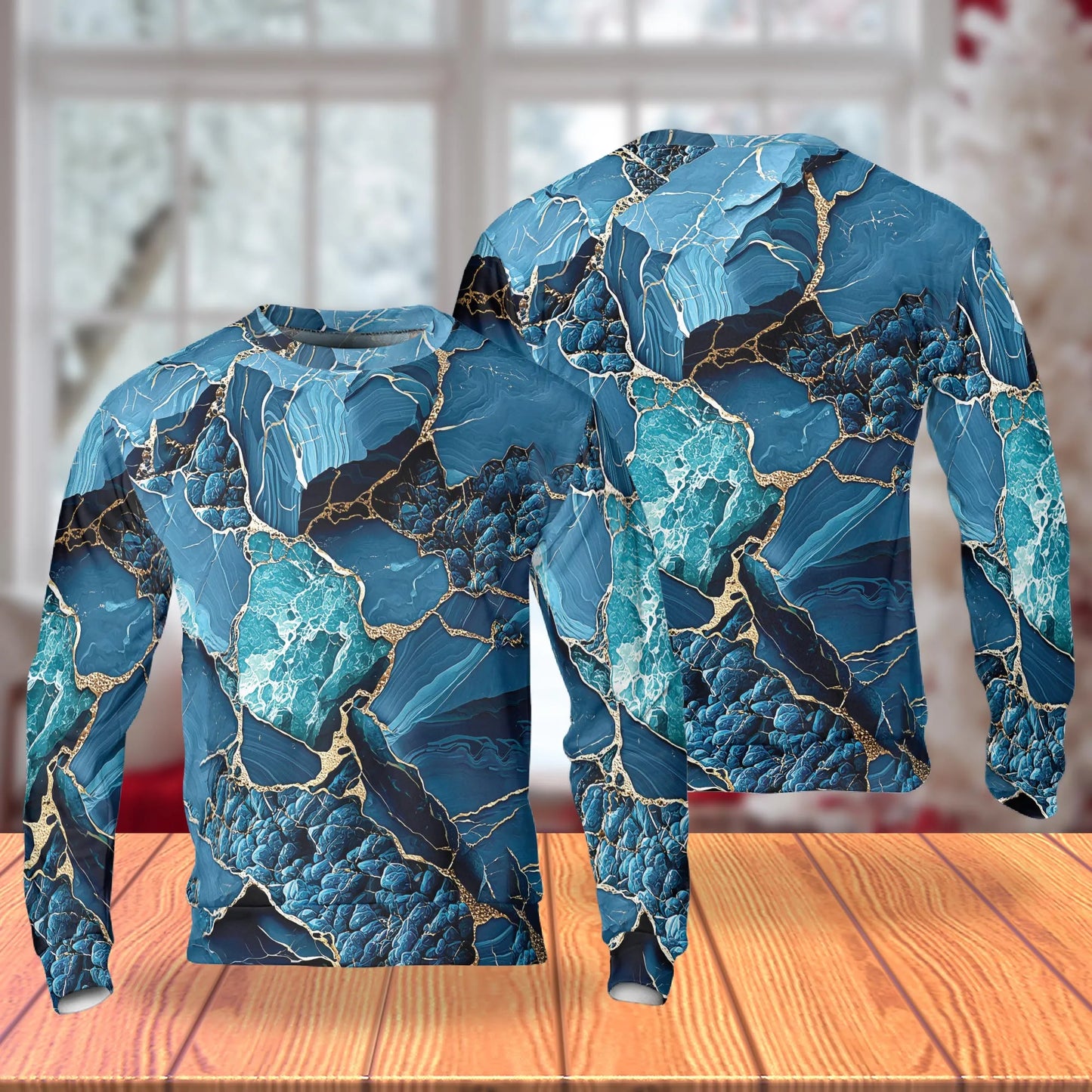 Blue Gold Liquid Marble Sweatshirt, 3D All Over Print Abstract Luxury Pattern Crewneck Pullover for Men Women, Marble Art Lover Gift - Netecom