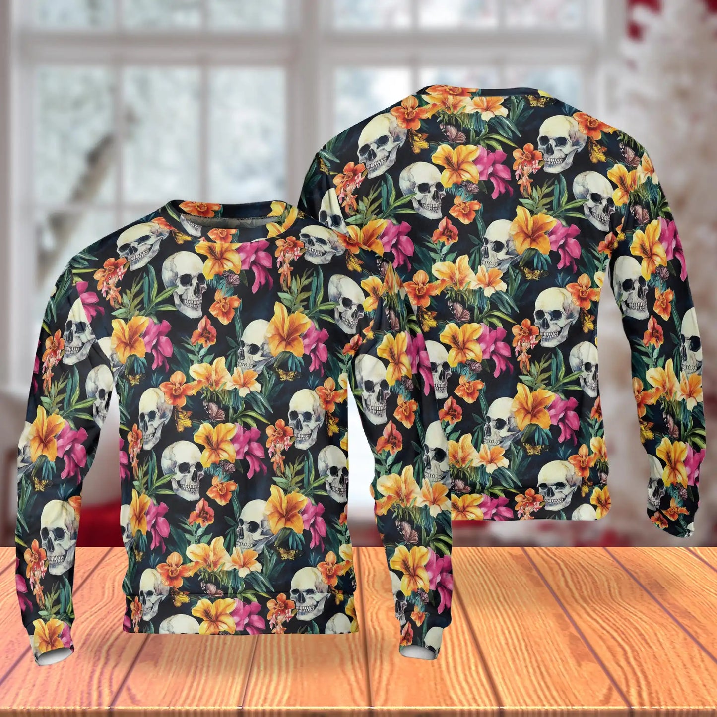 Tropical Skull Colorful Sweatshirt, 3D All Over Print Tropical Skull Crewneck Pullover for Men Women, Skull Lover Gift - Netecom