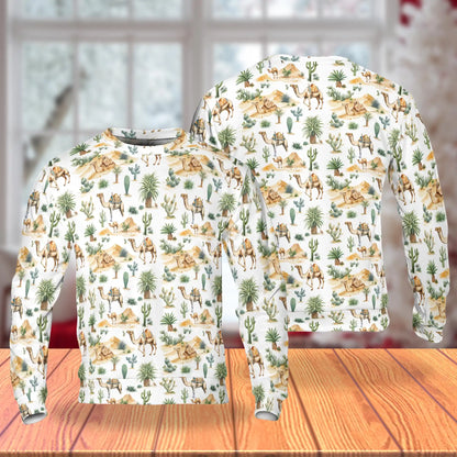 Camel and Cactus Desert Sweatshirt, 3D All Over Print Southwest Landscape Crewneck Pullover for Men Women, Desert Lover Gift - Netecom