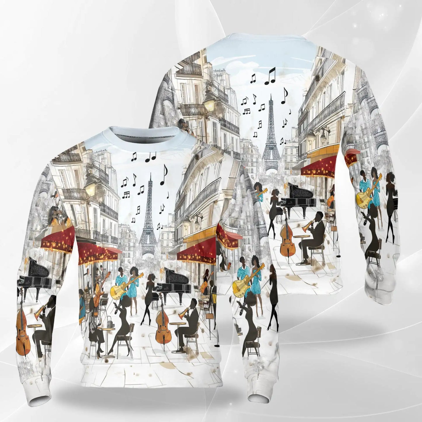 Parisian Street Cafe Jazz Music Sweatshirt, 3D All Over Print French Cafe Crewneck Pullover for Men Women, Jazz and Paris Lover Gift - Netecom