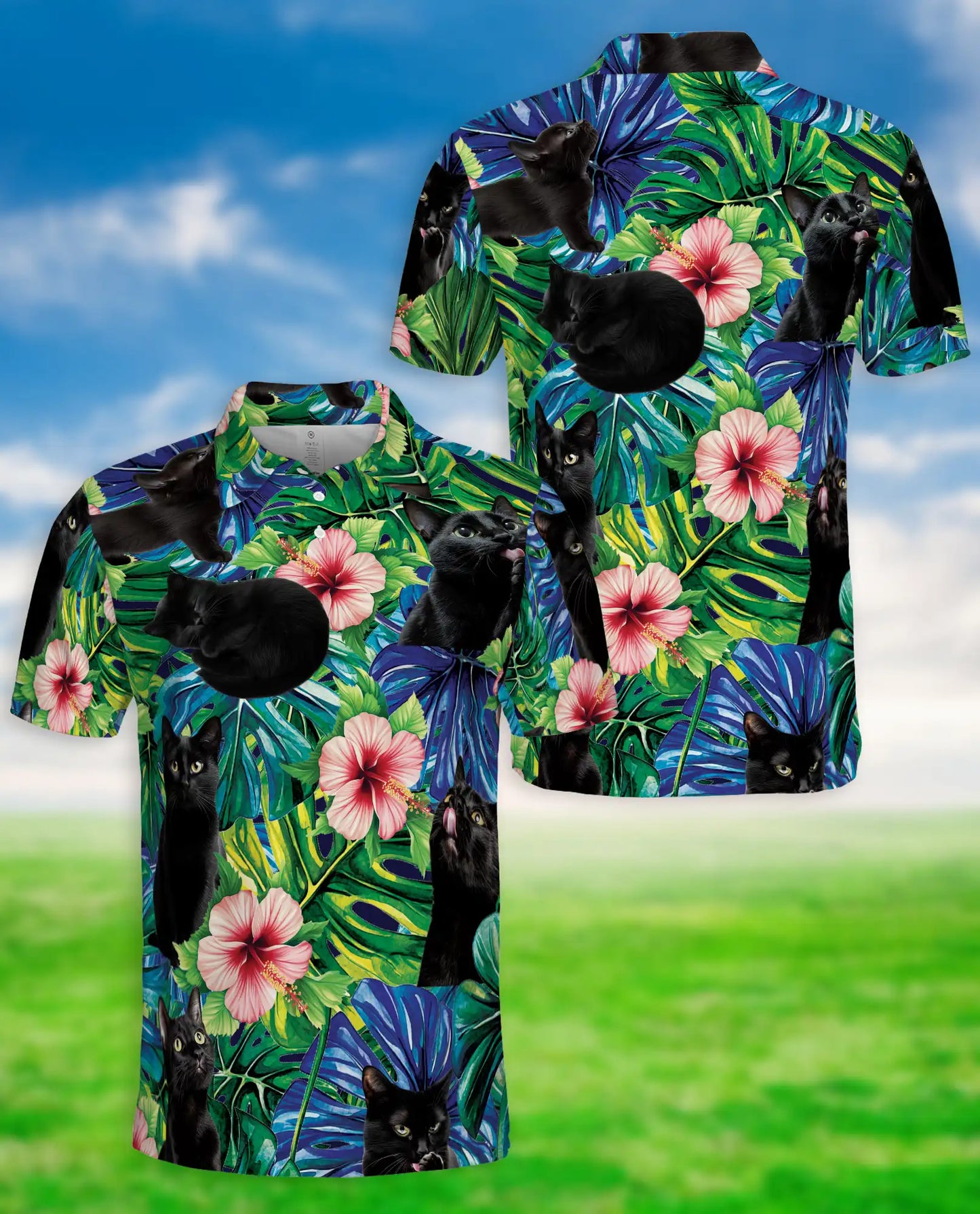 Black Cat Tropical Hibiscus 3D Polo Shirt for Men – Hawaiian Pet Lover Style | Netecom