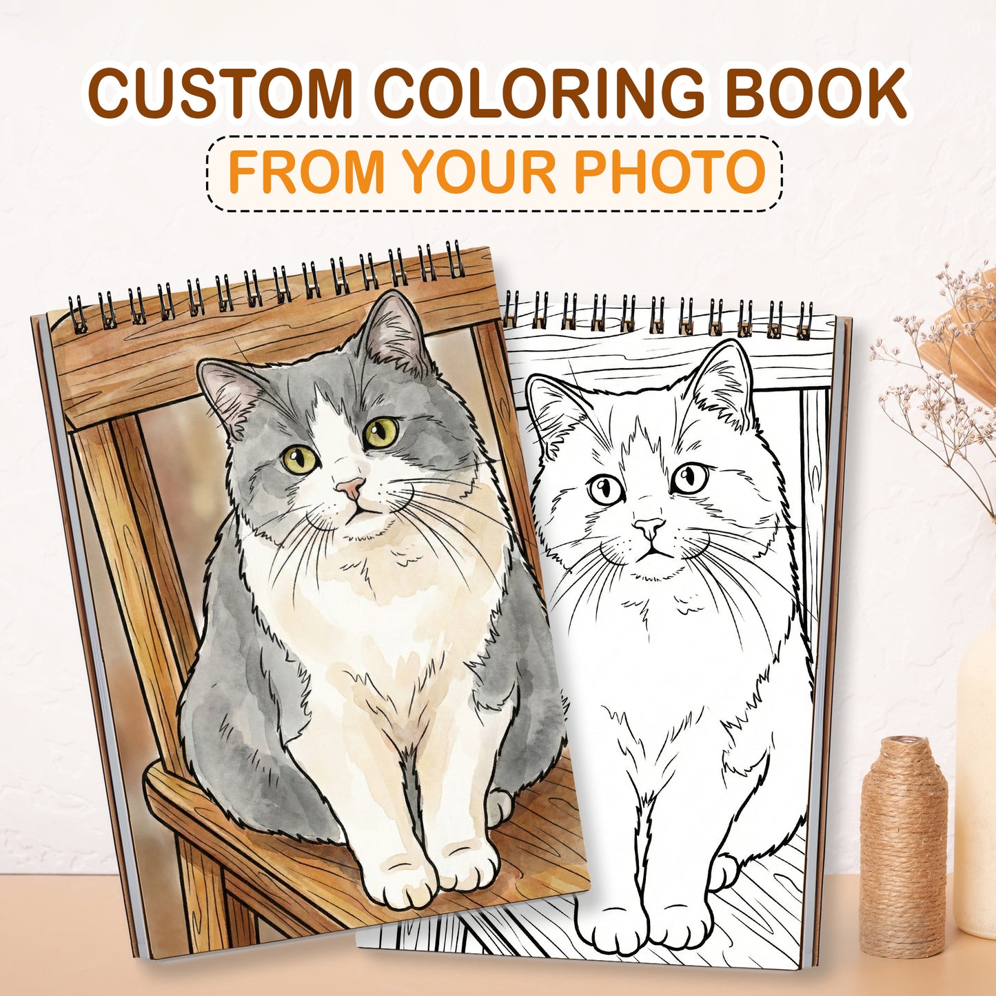 Personalized Cat Coloring Book for Adults – Custom Cat Line Art Coloring Pages from Photos, 12–48 Pages, Pet Memory Keepsake for Pet Lovers, Premium Wooden Cover, Spiral Binding