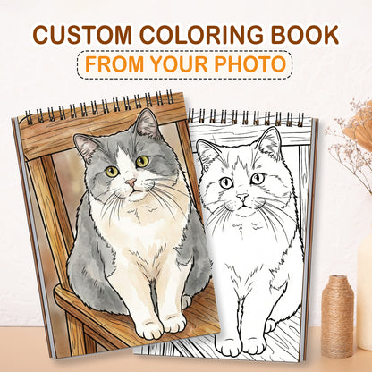 Personalized Cat Coloring Book for Adults – Custom Cat Line Art Coloring Pages from Photos, 12–48 Pages, Pet Memory Keepsake for Pet Lovers, Premium Wooden Cover, Spiral Binding