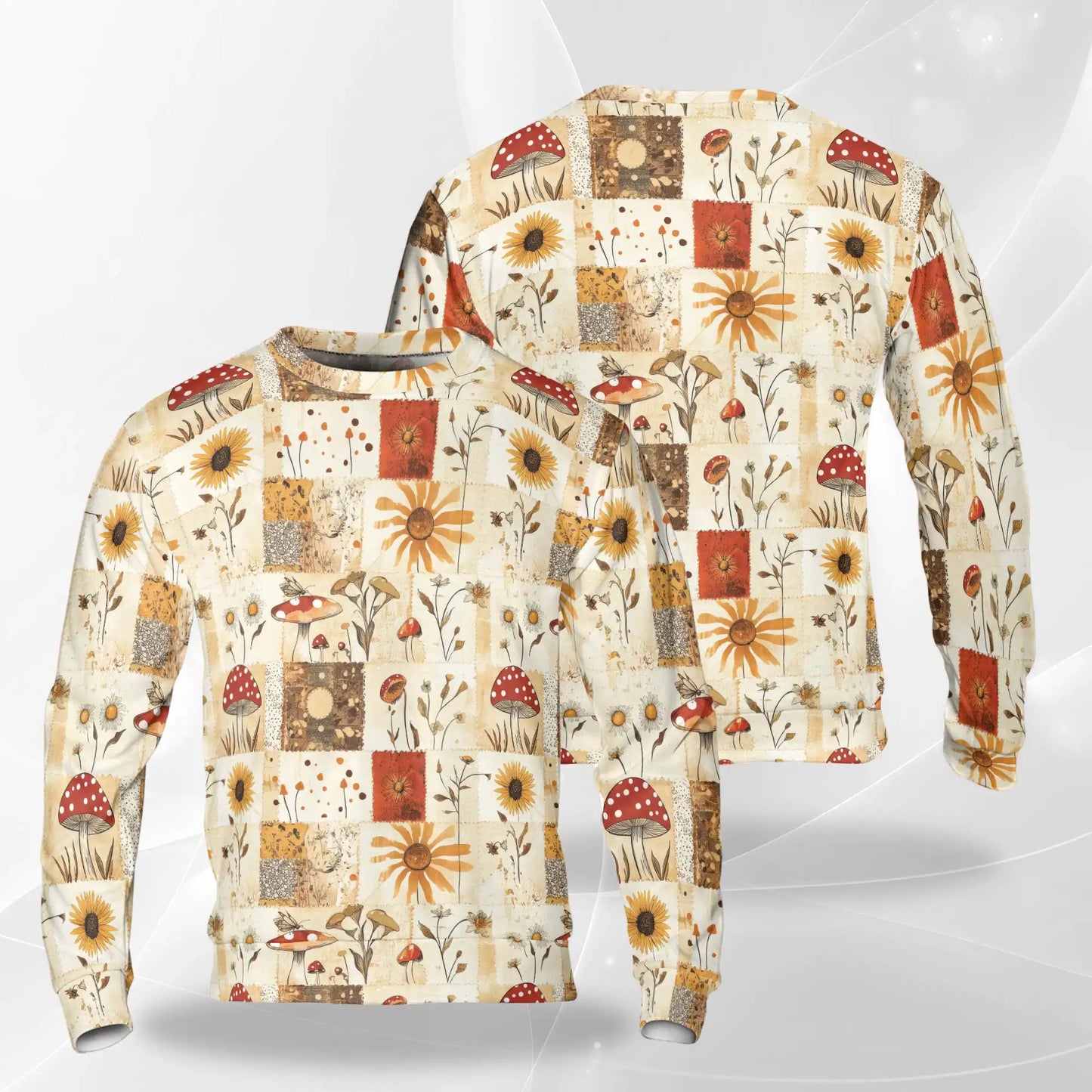 Vintage Patchwork Mushroom and Sunflower Sweatshirt, 3D All Over Print Boho Floral Crewneck Pullover for Men Women, Mushroom Lover Gift - Netecom