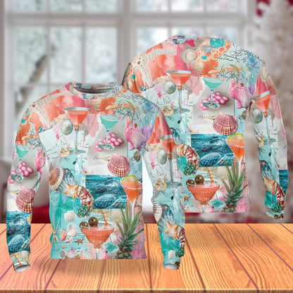 Tropical Beach Cocktail Shell Collage Sweatshirt, 3D All Over Print Summer Vacation Crewneck Pullover for Men Women, Beach Lover Gift - Netecom