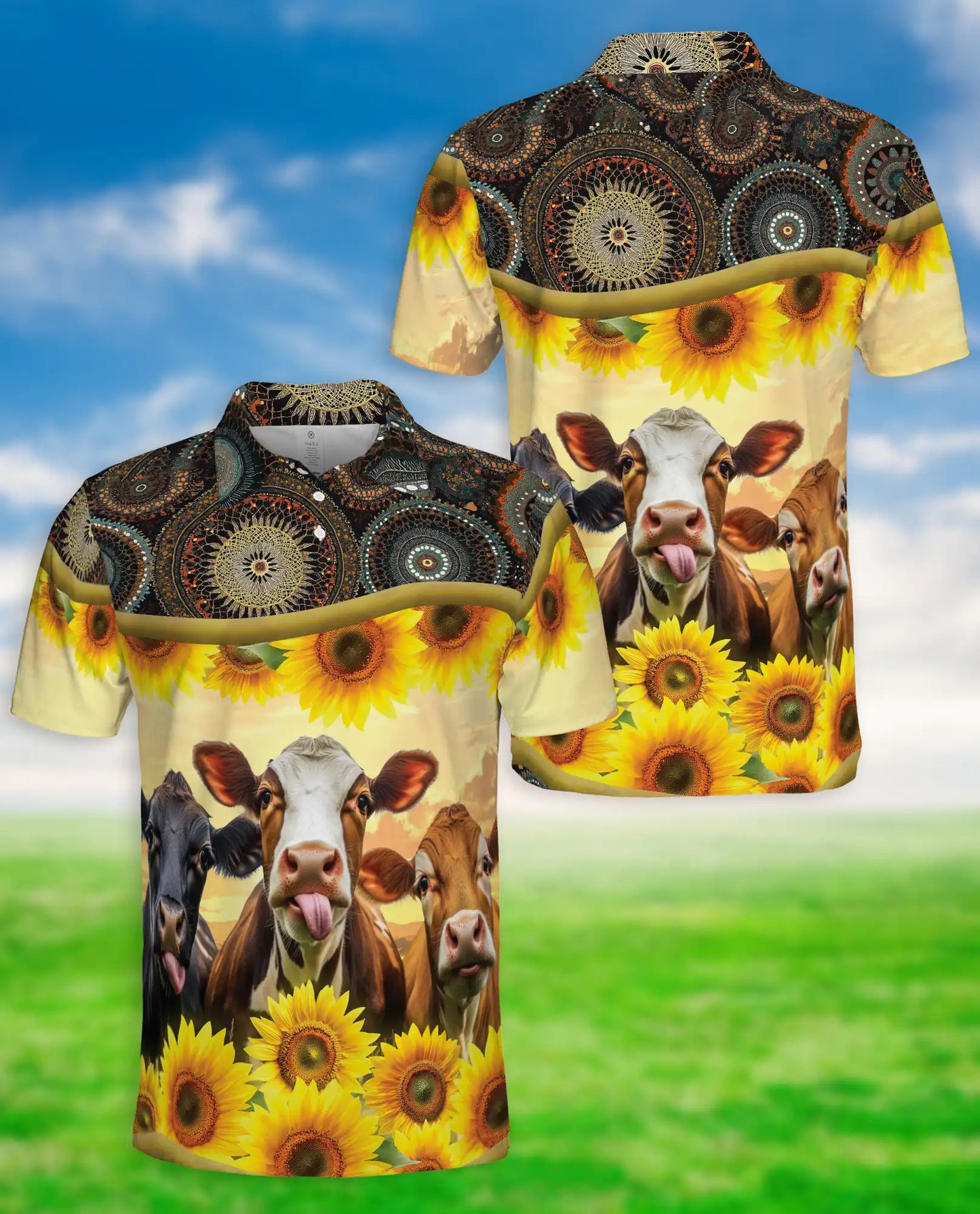 Cow Sunflower Polo Shirt – Rustic Farm Print | Netecom