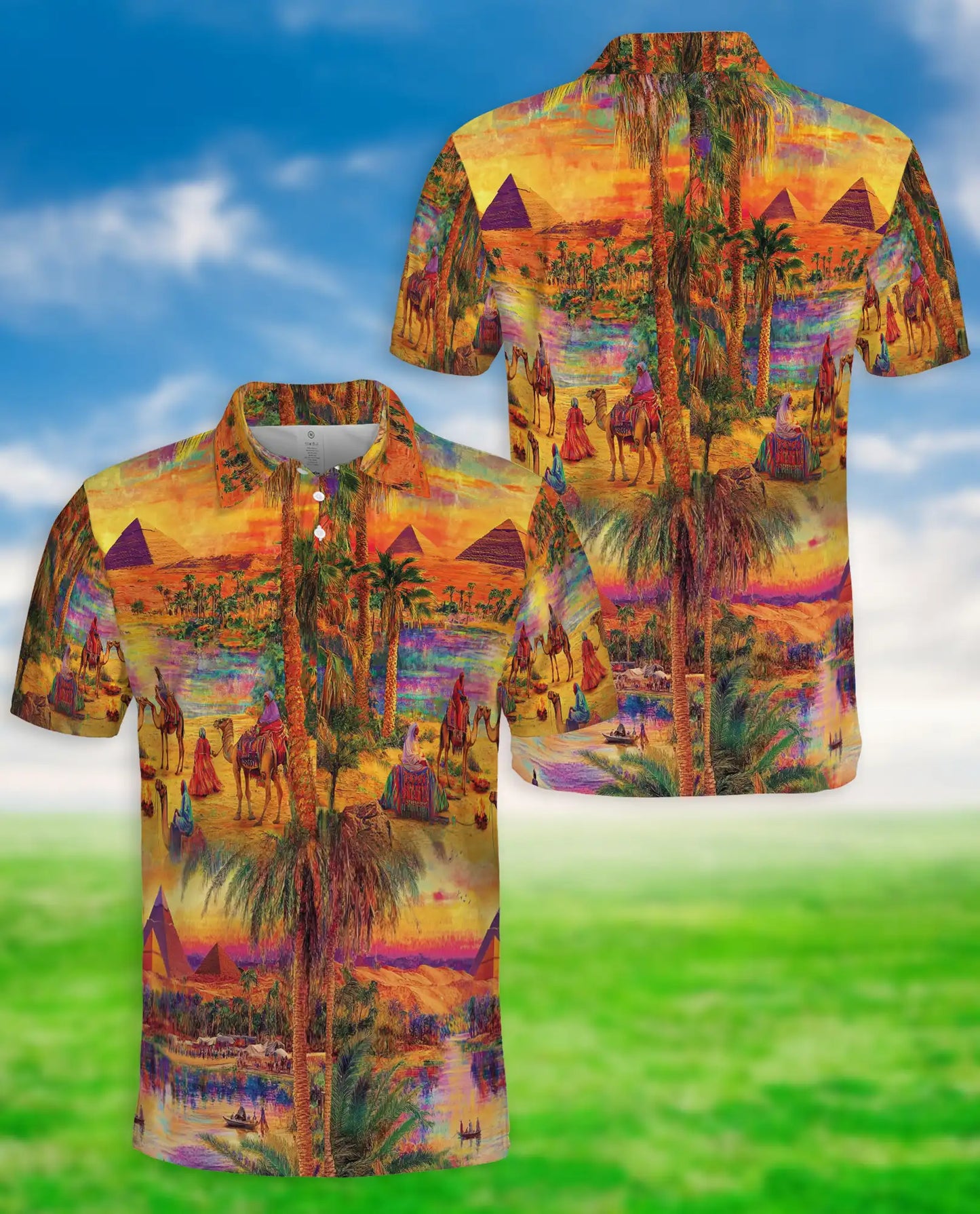 Egyptian Desert Pyramid 3D Polo Shirt for Men – Camel Oasis Travel Style | Netecom